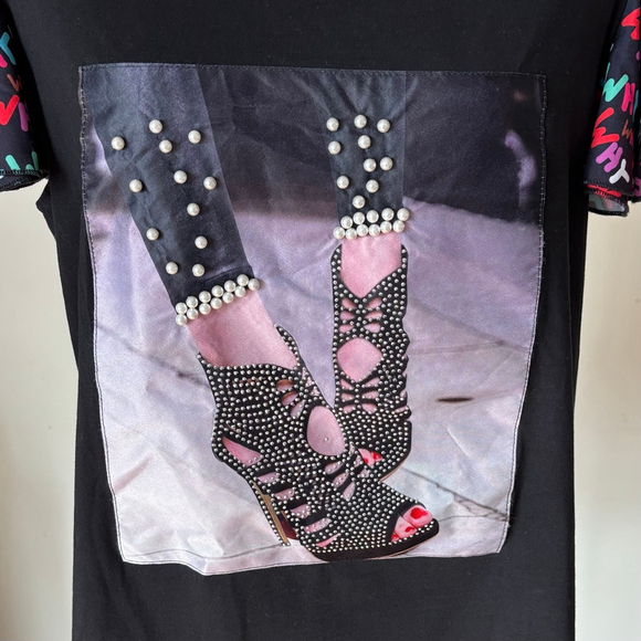 WHY DRESS Embellished Stilettos Ruffle Sleeve Tee XL - Picture 2 of 8